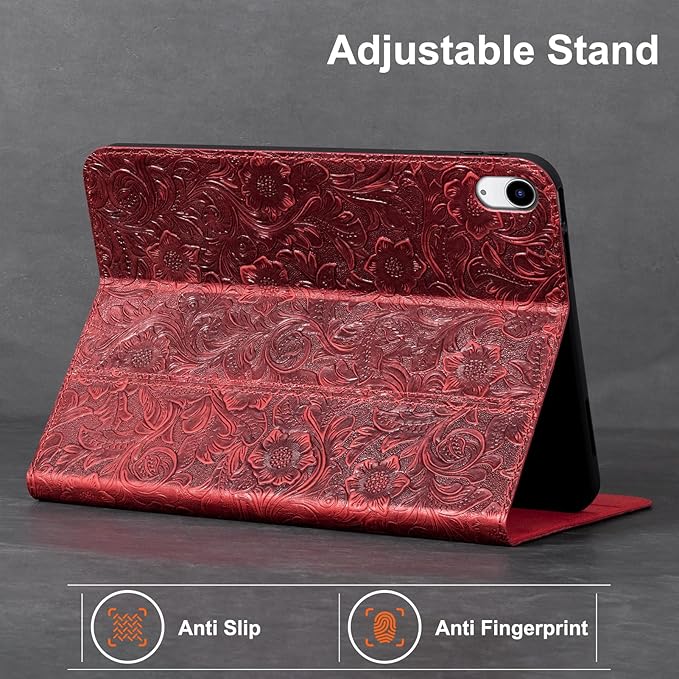 Gexmil Leather Case for iPad Air 11 Inch M4/M3/M2 (2026/2025/2024)iPad Air 10.9 Inch 5th/4th Generation 2022/2020 Top Grain Leather Cover Auto Sleep/Wake Adjustable StandFloral Red