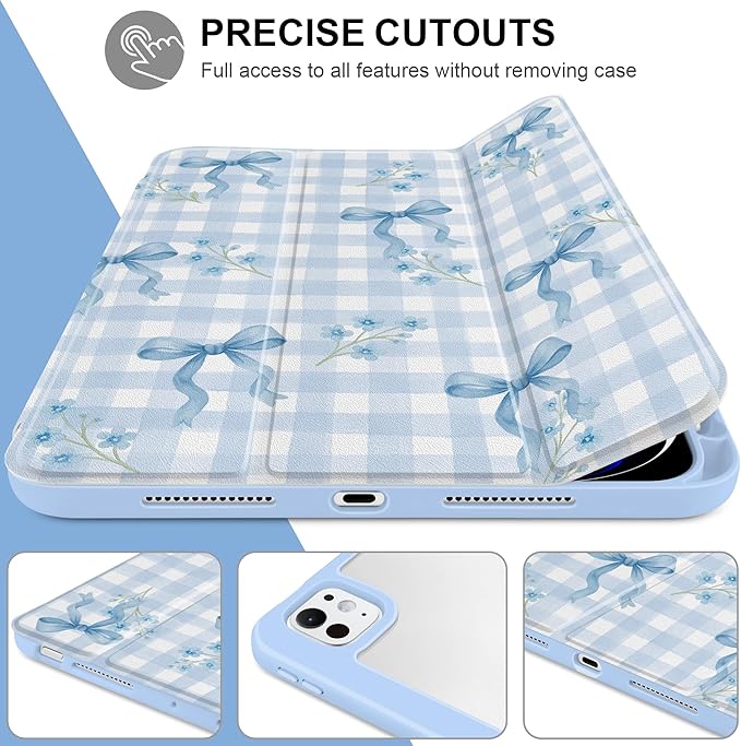 TWOLSKOO Case for iPad Pro 11-inch (M5 2025 / M4 2024) Clear Acrylic Back with TPU Bumper Pencil Holder Trifold Stand Auto Sleep/Wake Blue Gingham Bows