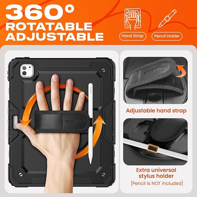 SEYMAC stock Case for iPad Pro 13-inch M5-M4 2025-2024 Shockproof Heavy Duty Case with Screen Protector Pencil Holder Rotating Stand Hand Strap Shoulder Strap Black