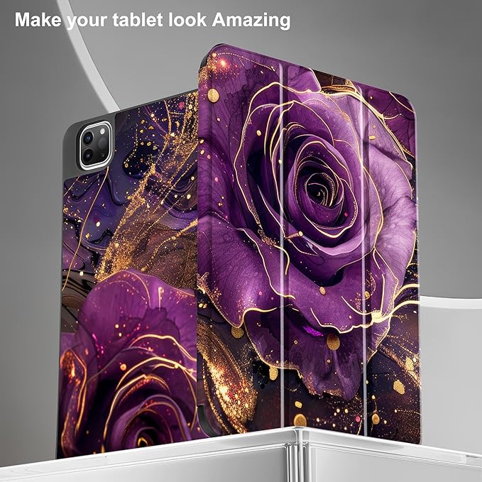 May Chen Case for iPad Pro 11 inch (4th 3rd 2nd &amp 1st Gen) 2022 2021 2020 2018 Trifold Stand + Pencil Holder + Auto Wake/Sleep + Soft TPU Protective Stand Back Cover Purple Roses