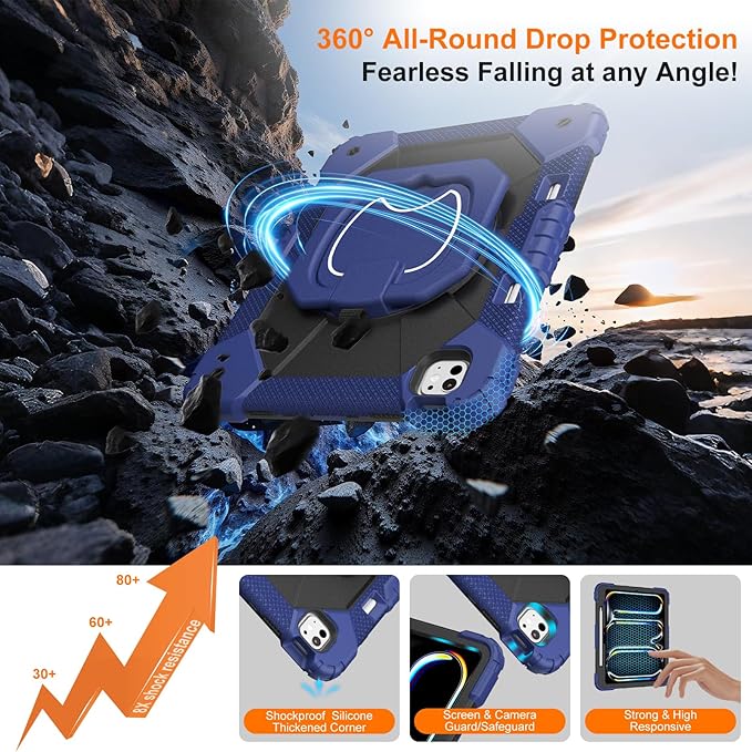 Case for iPad Pro 13 Inch M5 2025 / M4 2024 Auorld for iPad Pro 13 Inch M5 2025 with Screen Protector 360 Degree Rotating Stand Shoulder Strap Pencil Holder Navy Black