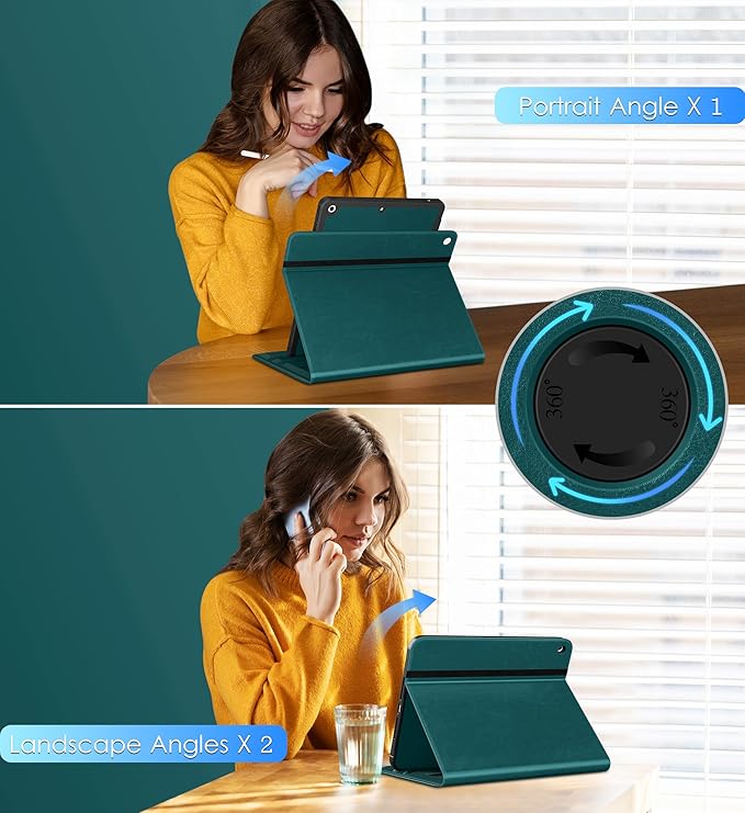 DTTO Rotating Case for iPad 9th/8th/7th Generation 10.2 Inch 2021/2020/2019 360 Degree Swiveling Premium Leather Folio Stand Cover with Pencil Holder - Auto Wake/Sleep and Hand Strap Green