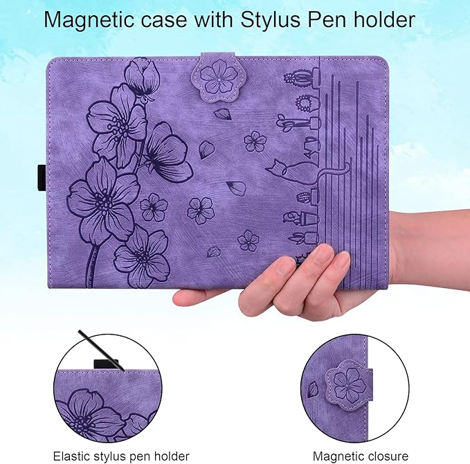 Case for Samsung Galaxy Tab S10 FE+/S10 FE Plus 13.1 Inch 2025 (SM-X620/SM-X626B) with Pencil Holder/Pockets Folio Stand Embossed Cherry Blossom PU Leather Magnetic Wallet Cover Purple Cat