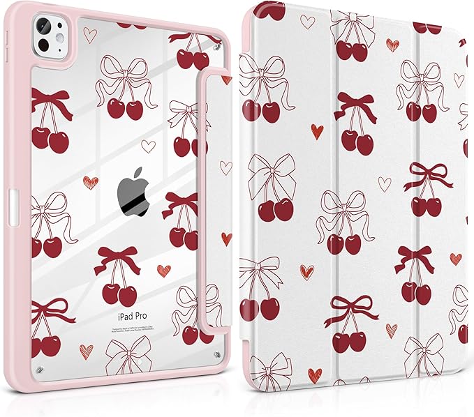 Case for iPad Pro 13 inch (M5) 2025 (M4) 2024 Release with Pencil Holder - Aesthetic Cute Preppy Design Trifold Cover with Soft TPU Bumper Clear Back Auto Sleep/Wake for Girls Women Cherry
