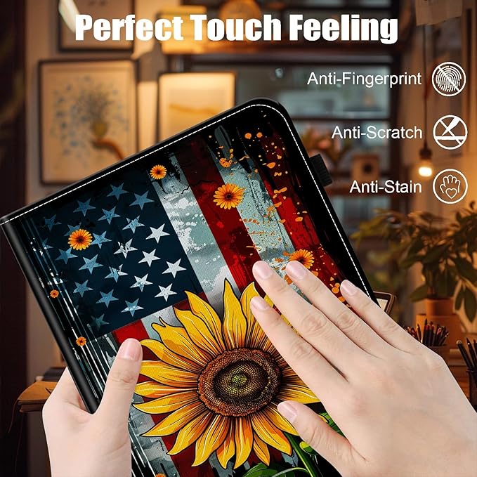 Case for Samsung Galaxy Tab A9 Plus/A9+ 5G 11 Inch 2023 Model (SM-X210/X216/X218)Card Slot PU Leather TPU Case Pen Holder Auto Wake SleepAmerican Flag Sunflower