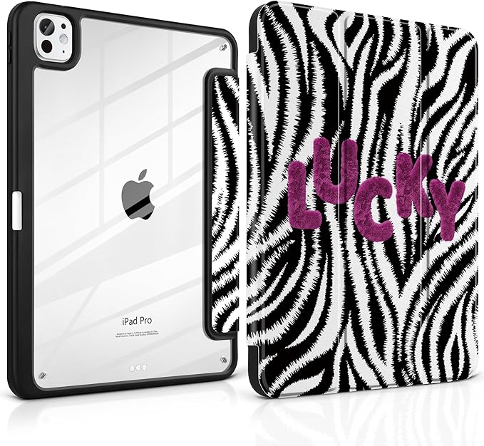 TWOLSKOO Case for iPad Pro 11-inch (M5 2025 / M4 2024) Clear Acrylic Back with TPU Bumper Pencil Holder Trifold Stand Auto Sleep/Wake Zebra Stripes