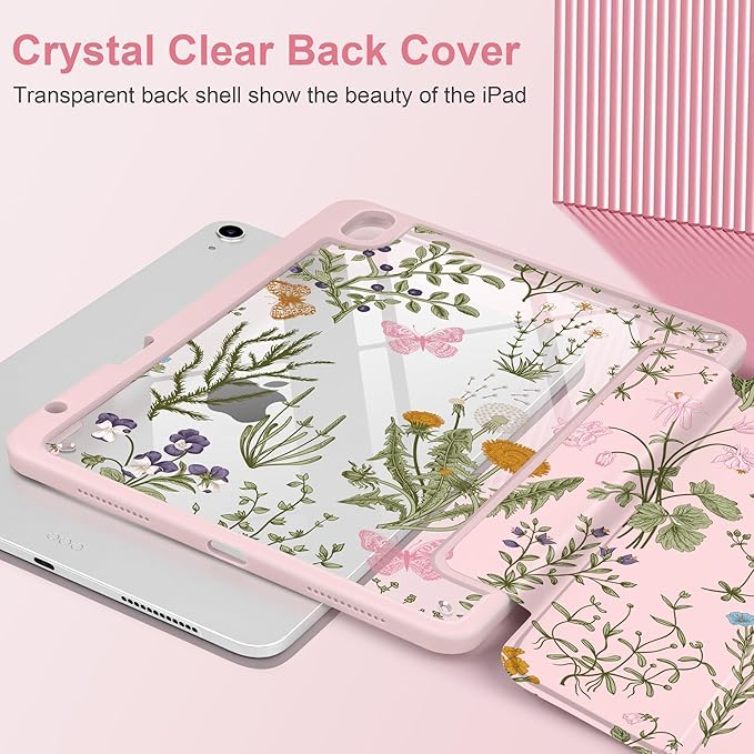 DONGKE Case for iPad Air 11-inch M4 2026 &amp M3 2025 &amp M2 2024 iPad Air 5th/4th Generation 10.9 2022/2020 [Built-in Pencil Holder] Clear Acrylic Back Trifold Stand Smart Cover Wildflower &am