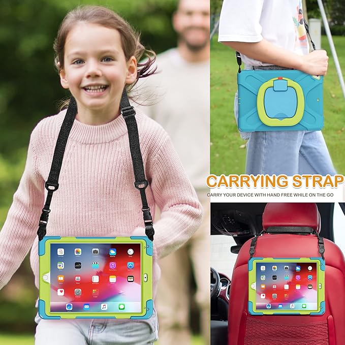 BRAECN Kids Case for iPad 9.7 Inch iPad 6th/5th Generation(2018/2017) 3-Layer Full-Body Rugged Silicone Case w/Rotatable Handle Grip Shoulder Strap Pencil Holder Kickstand for iPad Air 2-Sky Blue