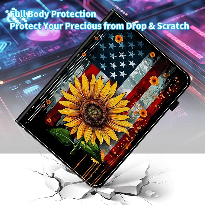 Case for Samsung Galaxy Tab A9 Plus/A9+ 5G 11 Inch 2023 Model (SM-X210/X216/X218)Card Slot PU Leather TPU Case Pen Holder Auto Wake SleepAmerican Flag Sunflower