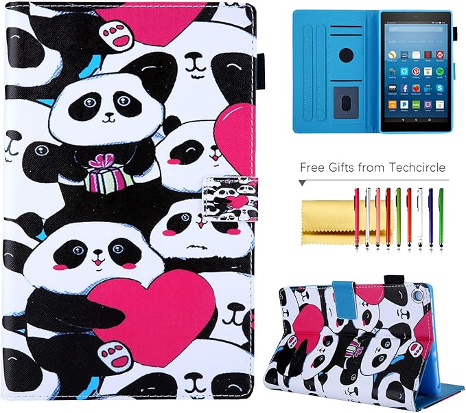Folio Cover for Fire HD 8 6th/7th/8th Gen Techcircle Slim Folding Stand PU Leather Protective Wallet Case with Auto Sleep/Wake for Old Amazon Fire HD 8 Tablet 2016/2017/2018 Panda Tribe