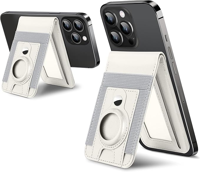 For Magsafe Wallet Stand with Airtag Holder Strongest Magnetic Wallet for iPhone 17/16/15/14/13/12 Series ID Window 4 Card Slots 10 Cards Holder Vegan Leather RFID Blocking Milk White
