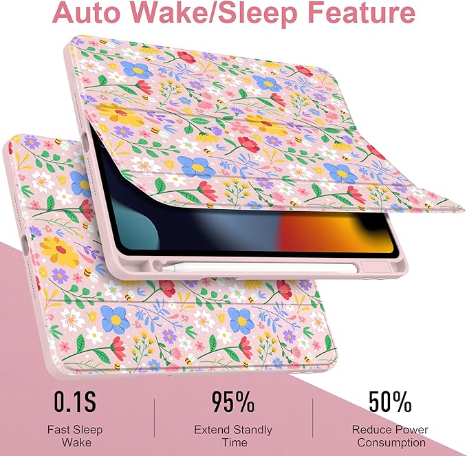 MEEgoodo Case for iPad 10.2 inchTablet Cases for iPad 9th Generation 2021/8th Gen 2020/7th Gen 2019 with Clear Acrylic Back Shell+Pencil Holder+Auto Wake/Sleep+Trifold StandFlat Spring Floral