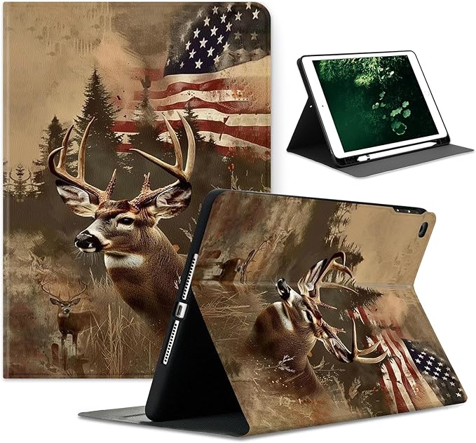 Compatible with iPad Air 13 inch Case (M3 2025 /M2 2024)/12.9 inch Case (6th/5th/4th/3rd 2022/2021/2020/2018) with Pencil HolderAuto Wake/Sleep Protect CoverVintage American Flag Elk Deer