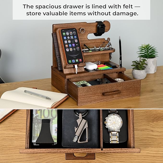 TESLYAR Wood Phone Docking Station with Drawer - Nightstand Organizer - Desk Organizer for Husband - Birthday Gifts for Men Dad Anniversary Idea Key Holder Stand Watch &amp Accessories (Earth Beig