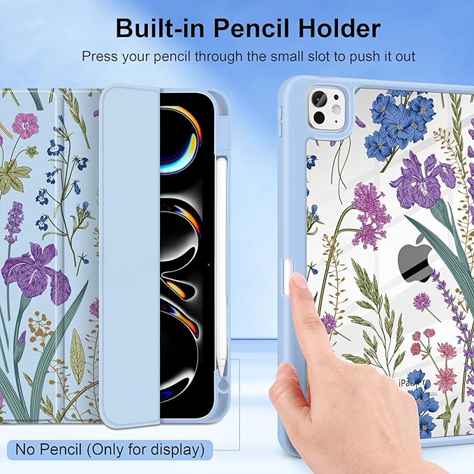 DONGKE for iPad Pro 11-Inch Case (M5 2025 / M4 2024) 6th/5th Generation [Auto Sleep/Wake &amp Pencil Pro Holder] Clear Acrylic Back Smart Trifold Stand Cover Blue Botanical Wildflower