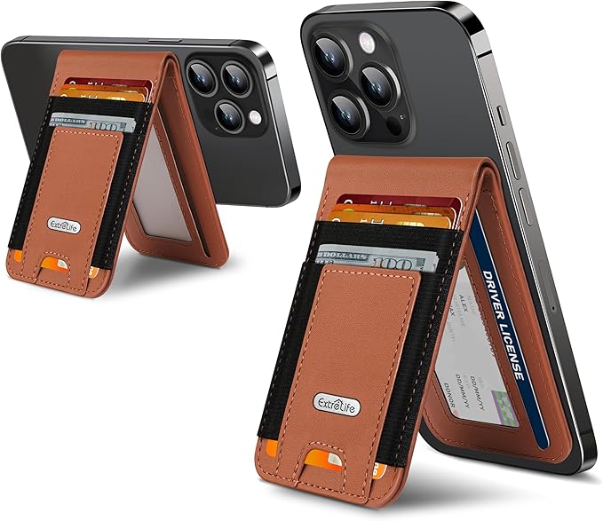 For Magsafe Wallet Stand Magnetic Wallet for iPhone 17/16/15/14/13/12 Series for iPhone Walletwith Adjustable Stand ID Window 4 Card Slots 10 Cards Holder Vegan Leather RFID Blocking Brown