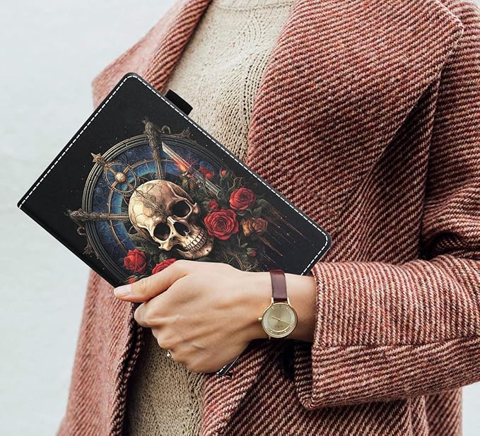 Case for Amazon Kindle Fire 7 Tablet (7 9th/7th Generation 2019/2017 Release) Slim PU Leather Cover with Card Slot &amp Auto Wake/Sleep Skull Roses