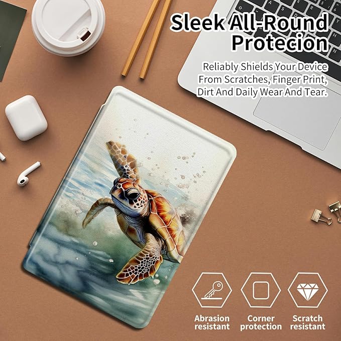 Case for Kindle Fire HD 8 &amp HD 8 Plus Tablet 8 (12th/10th Generation 2022/2020 Release)360 Degree Rotating Swivel Stand Protective Cover for Fire HD 8 TabletWatercolor Sea Turtle