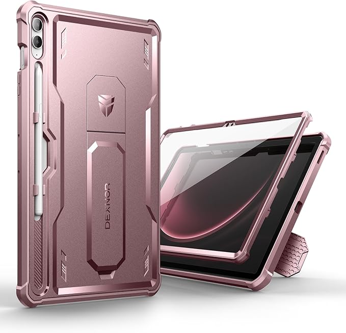Dexnor Case for Samsung Galaxy Tab S9 FE Plus 12.4 Inch 2023 [Built in Screen Protector &amp Kickstand] with Pen Holder Heavy Duty Shockproof Full Body Protective Cover for Galaxy Tab S9 FE+Pink