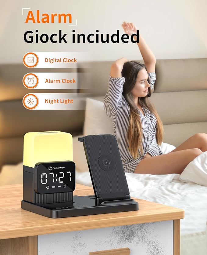 6-in-1 Wireless Charging Station Charger Stand for Apple Multiple Devices for iPhone 17 16 15 14 13 12 Pro Max Watch Airpods Wireless Charger iPhone Charging Station with Night Light/Alarm Clock