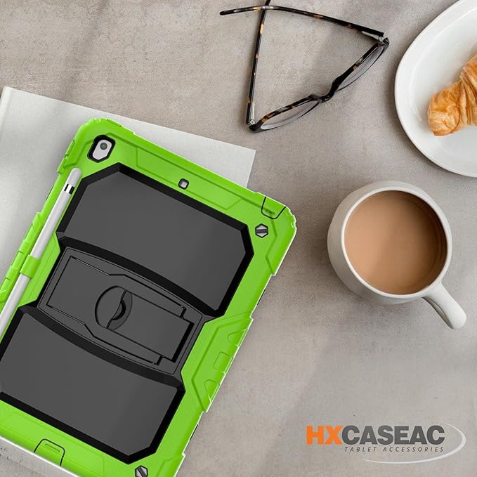 HXCASEAC Kids Case for iPad 9th/8th/7th Generation Full Body Protective Design | Foldable Stand | Screen Protector | Pencil Holder Durable for iPad 9th Gen / 8th Gen 10.2 inch Dark Green