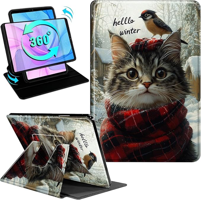 Case for Kindle Fire HD 10 &amp 10 Plus Tablet(13th/11th Gen 2023/2021 Release) 10.1 360 Degree Rotating Swivel Stand Flip Cover with Auto Sleep/Wake Hello Winter Cat