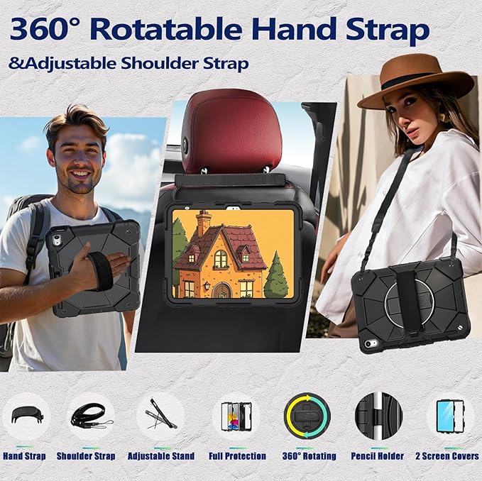 Weuiean Case for iPad A16 11th/10th Generation 11/10.9 Military-Grade Heavy-Duty Shockproof Cover with 360° Rotating Stand Built-in Pencil Holder &amp Adjustable Hand/Shoulder Strap - Black+Black