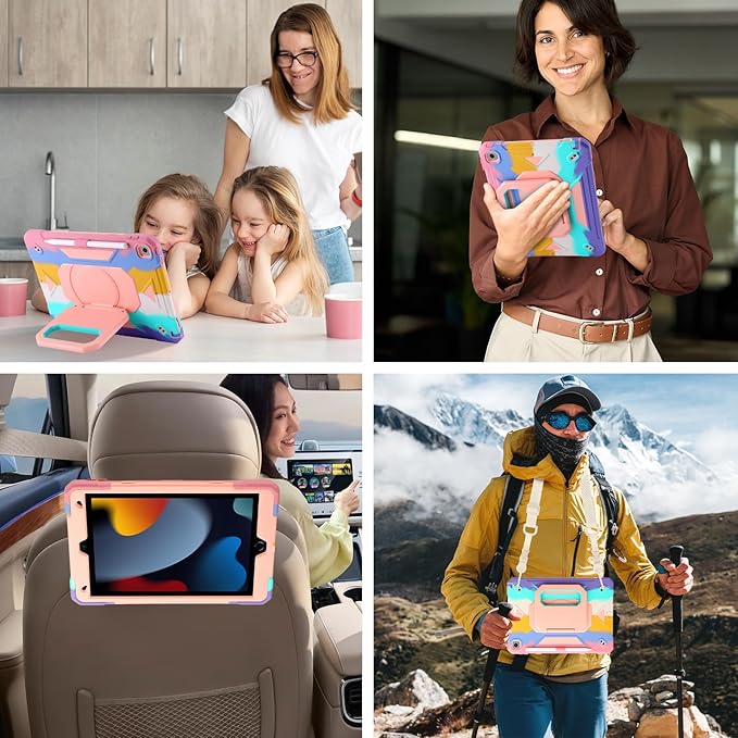 Case for iPad 9th Generation (2021) /iPad 8th Gen (2020)/iPad 7th Gen (2019) Military Grade Shockproof iPad Case Built-in 360°Rotating Stand/Pen Slot/Shoulder Strap for iPad 10.2 (Colorful)