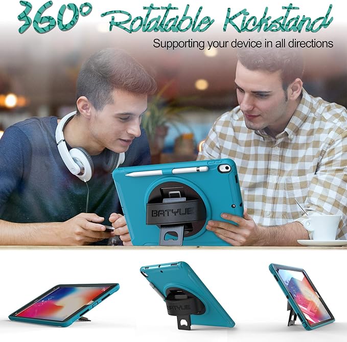 BATYUE iPad Air 3rd Generation 2019 / iPad Pro 10.5 inch Case 2017 Full-Body Shockproof Rugged Case with 360° Swivel Kickstand/Leather Hand Strap/Pencil Holder Case for 10.5 inch (Light Blue)