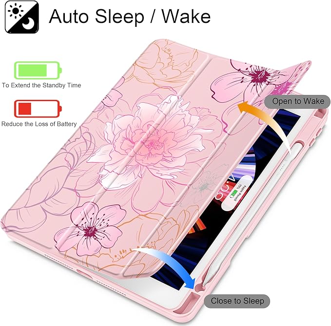 Case for iPad 9th/ 8th/ 7th Generation 10.2-Inch Case(2021/2020/2019 Release) [Built in Pencil Holder] Trifold Stand Auto Wake/Sleep Clear TPU Protection Back Cover Flowers Illustration