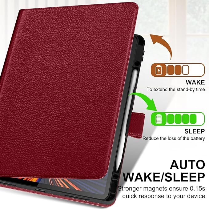 Genuine Leather Case for iPad Pro 12.9 inch 6th/5th/4th/3rd Generation 2022/2021/2020/2018 | with Pencil Holder and Adjustable Stand Magnetic Closure Auto Wake/Sleep Cover | Wine Red