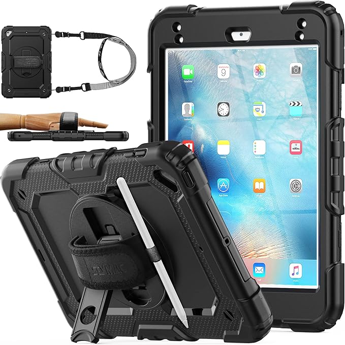 SEYMAC stock Case for iPad mini 5/4 with Screen Protector Pencil Holder [360 Rotating Hand Strap] &amp Stand Drop-Proof Case for iPad mini 5th/4th Generation 7.9 inch (Black)