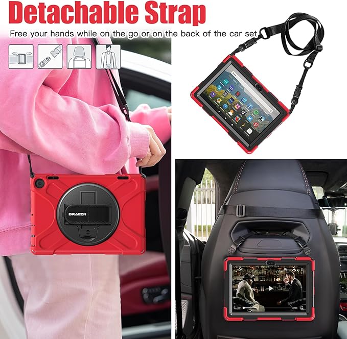 BRAECNstock for Amazon Fire HD 8 Tablet Case 12th Generation 2024/2022 8 inch with Rotating Hand Strap + Stand Shoulder Strap Pen Holder Shockproof Protective Kindle Fire HD 8 12th Gen Kids Case - Red