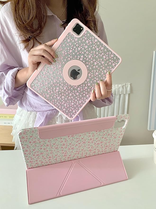 Detachable Magnetic 360 Rotating Adjustable Kickstand Hard PU Folio Case for Apple White Pink Rose Flower Floral Pretty Chic Cute Lovely Girls (for iPad A16 11-Inch 11th Generation 2025)