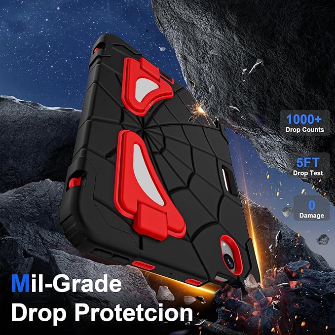 Kids Case for iPad mini 7 A17 Pro 2024/ Mini 6 8.3 inch Spider Case for iPad mini 7th 6th Generation Shockproof Durable Full Protective Cover with Pencil Holder Kickstand (Black+Red)