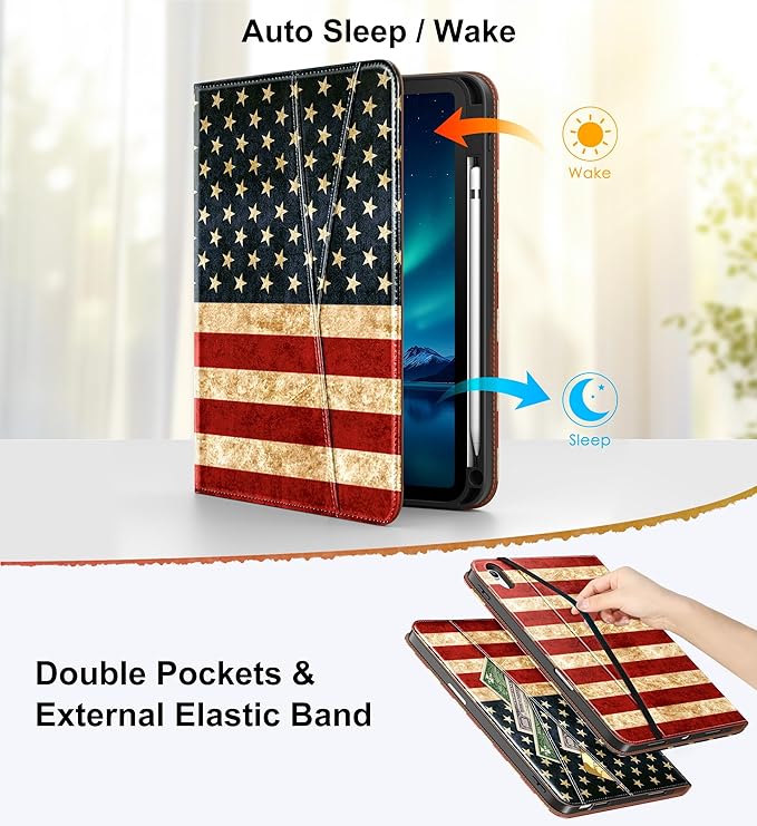 DTTO for iPad A16 Case iPad 11th / 10th Generation Case (2025/2022) 360 Degree Rotating Premium Leather Folio Stand Cover with Pencil Holder New US Flag