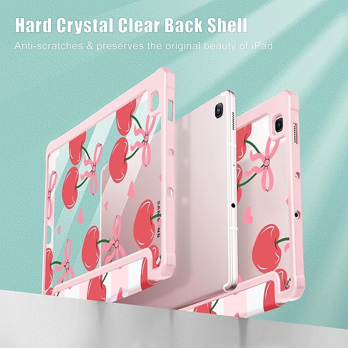 Mektron Case for Samsung Galaxy Tab S6 Lite 10.4 Inch 2024/2022/2020 with S Pen Holder Multi-Angle Viewing with Shockproof Cover Clear Shell + Trifold Stand + Auto Wake/Sleep Cherries Bows C353