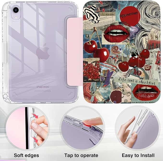 Y2K Retro Red Vintage Cherry Case for iPad mini 6/7 (8.3) Cover with Pencil Holder DIY Stickers Tri-Fold Stand Auto Wake/Sleep for Girls