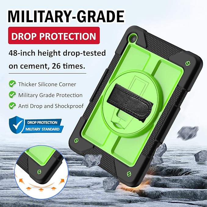 BMOUO for Samsung Galaxy Tab A9+ Plus Case 11 2023 (SM-X210/X216/X218) Shockproof Galaxy Tab A9 Plus Case with Rotating Stand and Hand/Shoulder Strap Green and Black