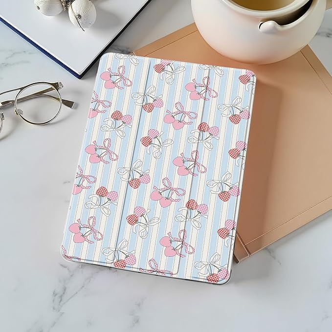 Idocolors Cute Kawaii Cherry Bow Pad Case for 9.7 Inch iPad Air/iPad Air 2 Clear TPU Smart Stand Back Cover with Pencil Holder Auto Wake/Sleep Shockproof Protective Case for Women Girls