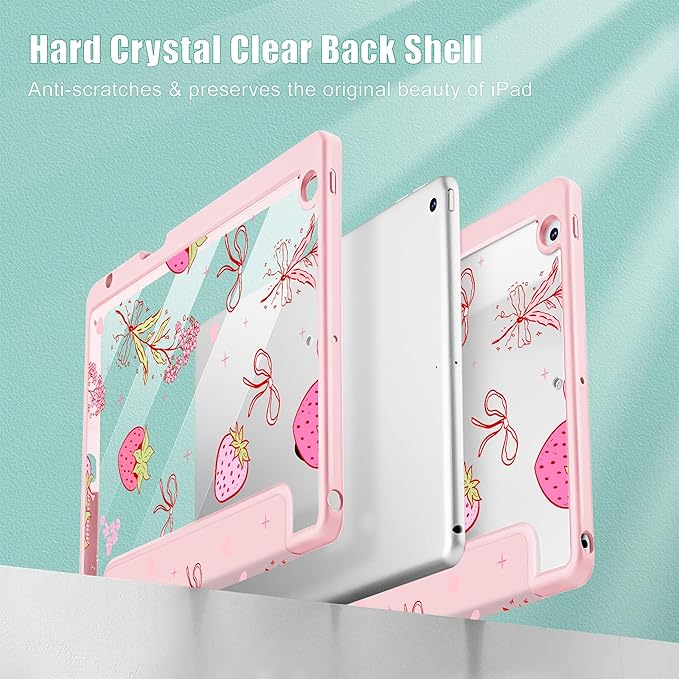 May Chen for iPad 9th Generation with Pencil Holder iPad 8th/7th Gen Case 10.2-inch [Penceil Holder] Trifold Stand Auto Wake/Sleep Clear TPU Protection Back Cover Strawberry Bow