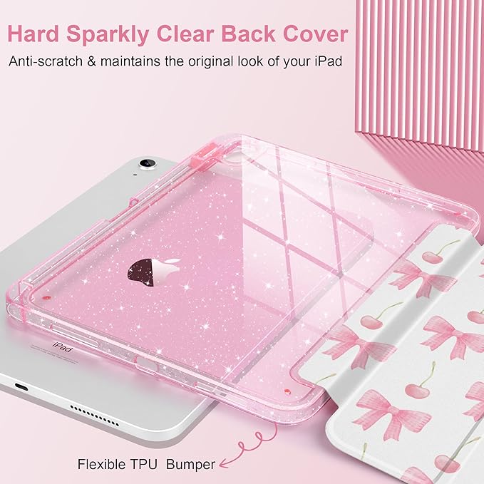 MEEgoodo Case for iPad A16 11th Generation 2025/10th Generation 2022 Glitter Tablet Cases with Transparent Acrylic Back+Trifold Stand +Pencil Holder+Auto Wake/SleepCherry &amp Pink Bows