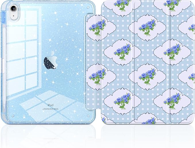 MEEgoodo Case for iPad A16 11th Generation 2025/10th Generation 2022 Glitter Tablet Cases with Transparent Acrylic Back+Trifold Stand +Pencil Holder+Auto Wake/SleepRoses &amp Blue Polka Dots