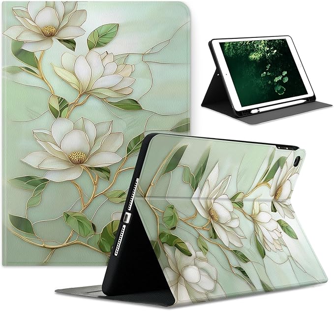 Compatible with iPad Air 13 inch Case (M3 2025 /M2 2024)/12.9 inch Case (6th/5th/4th/3rd 2022/2021/2020/2018) with Pencil HolderAuto Wake/Sleep Protect CoverElegant Vintage Magnolia Flowers
