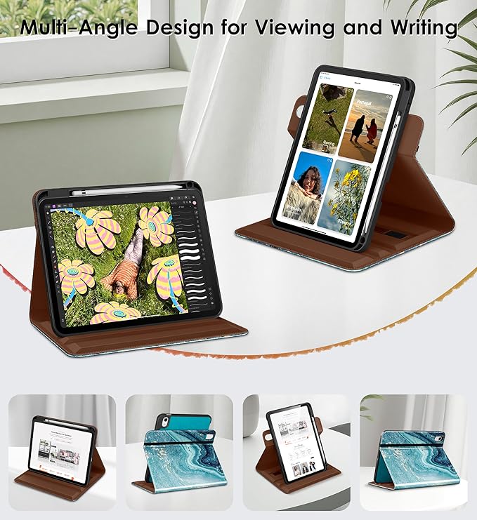 DTTO for iPad A16 Case iPad 11th / 10th Generation Case (2025/2022) 360 Degree Rotating Premium Leather Folio Stand Cover with Pencil Holder Sandy Wave
