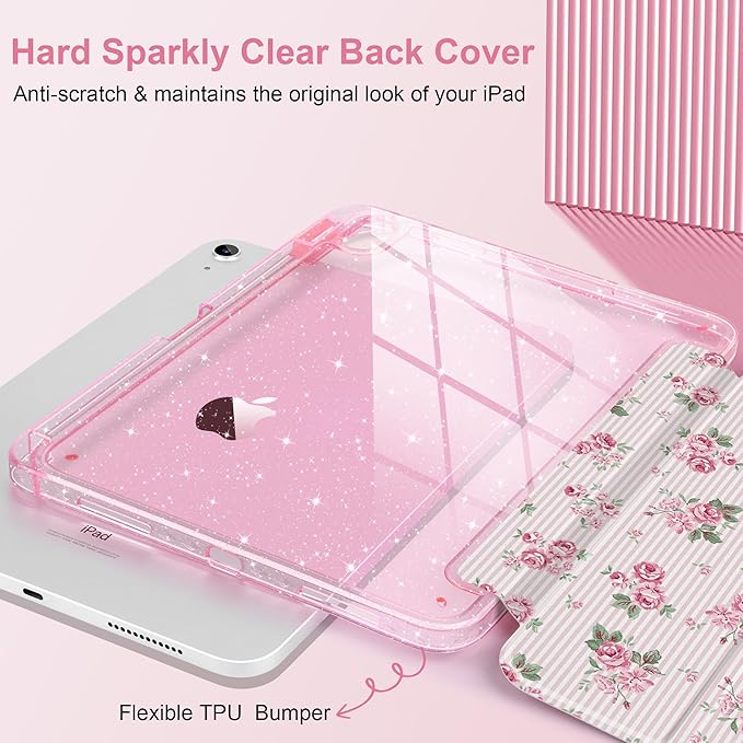 TWOLSKOO Sparkly Case for iPad Pro 11 inch (M5 2025 / M4 2024) Glitter Hard Acrylic Back with Pencil Holder Slim Trifold Stand Folio Cover Auto Sleep/Wake Roses