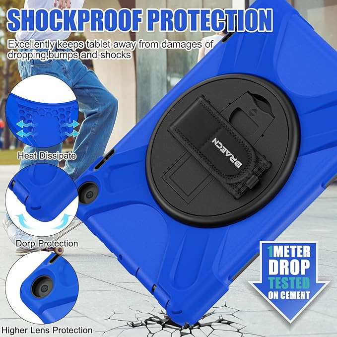 BRAECNstock for Amazon Fire HD 8 Tablet Case 12th Generation 2024/2022 8 inch with Rotating Hand Strap + Stand Shouler Strap Pen Holder Shockproof Rugged Kindle Fire HD 8 Protective Case Kids - Blue