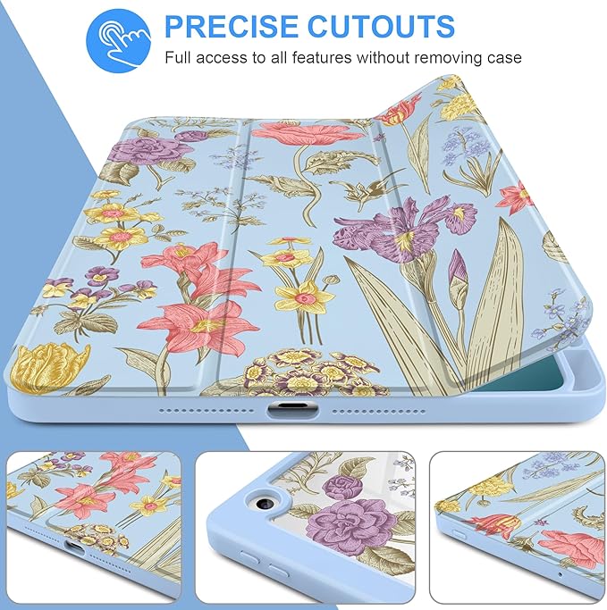 DONGKE for iPad 9th/8th/7th Generation Case 10.2 Inch (2021/2020/2019) [Auto Sleep/Wake &amp Pencil Holder] Clear Acrylic Back Trifold Stand Cover Blue Botanical Floral