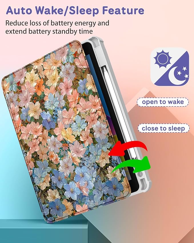 for iPad A16 Case for iPad 10th Generation Case 10.9 inch - 360 Degree Rotating Stand Folio Smart Cover with Pencil Holder for Women Girls Beautiful Flowers for Apple 10th 2022/11th 2025