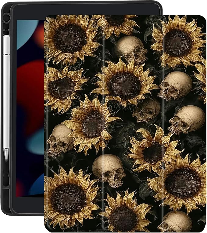 Cute Sunflowers Case for 10.9 Inch Ipad 10Th Retro GIlry Floral Cover for Ipad Black Shell with Clear Transparent Back Auto Sleep/Wake Shockproof with Pencil Holder(Girls Women)
